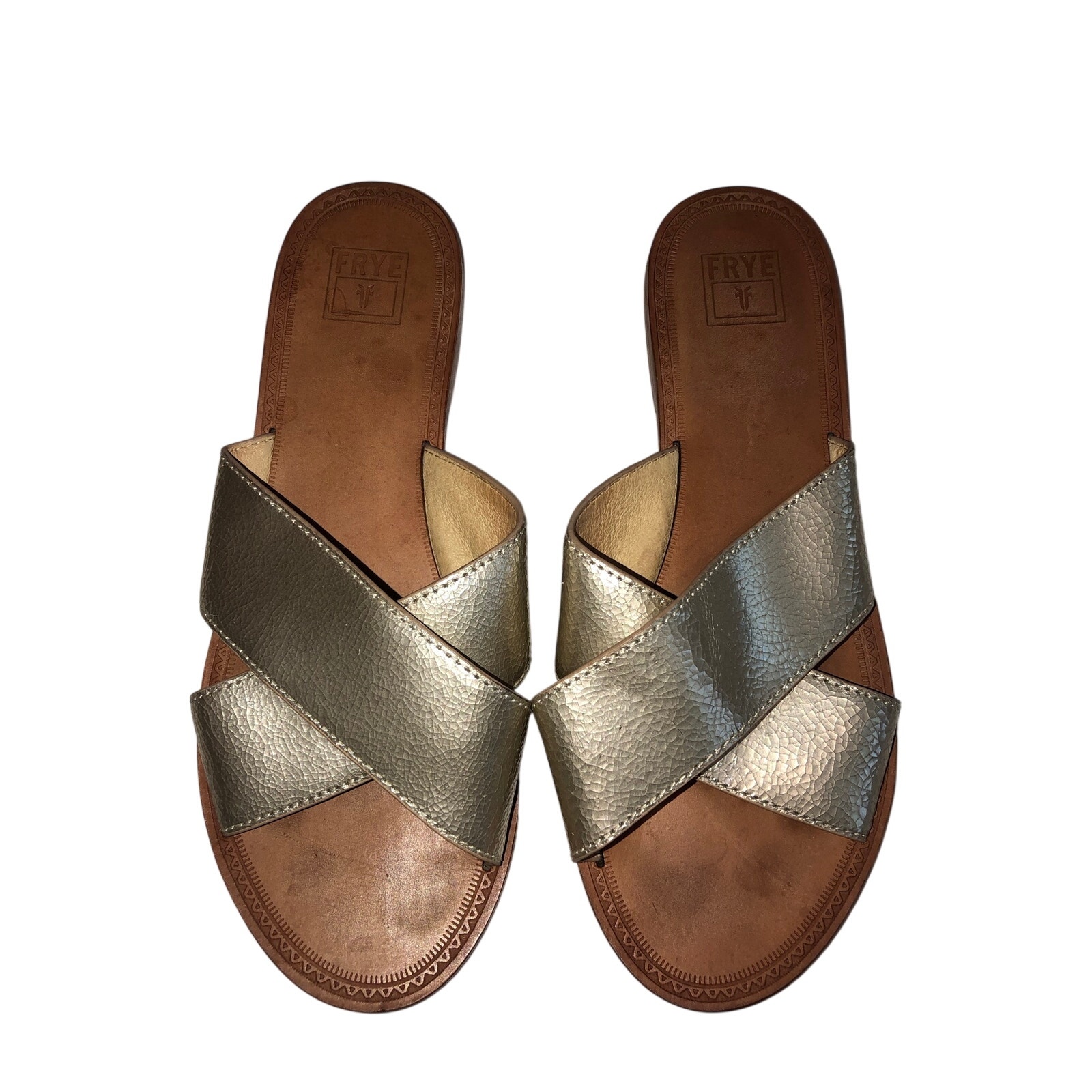 Frye Sandals Ruth Criss Cross Gold Metallic Leather Slide Flat Size 7.5 Bohochic